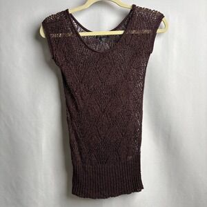 VTG Y2K‎ Bebe Brown Open Knit Cap Sleeve Fitted Sheer Top Earthy Metallic Boho S